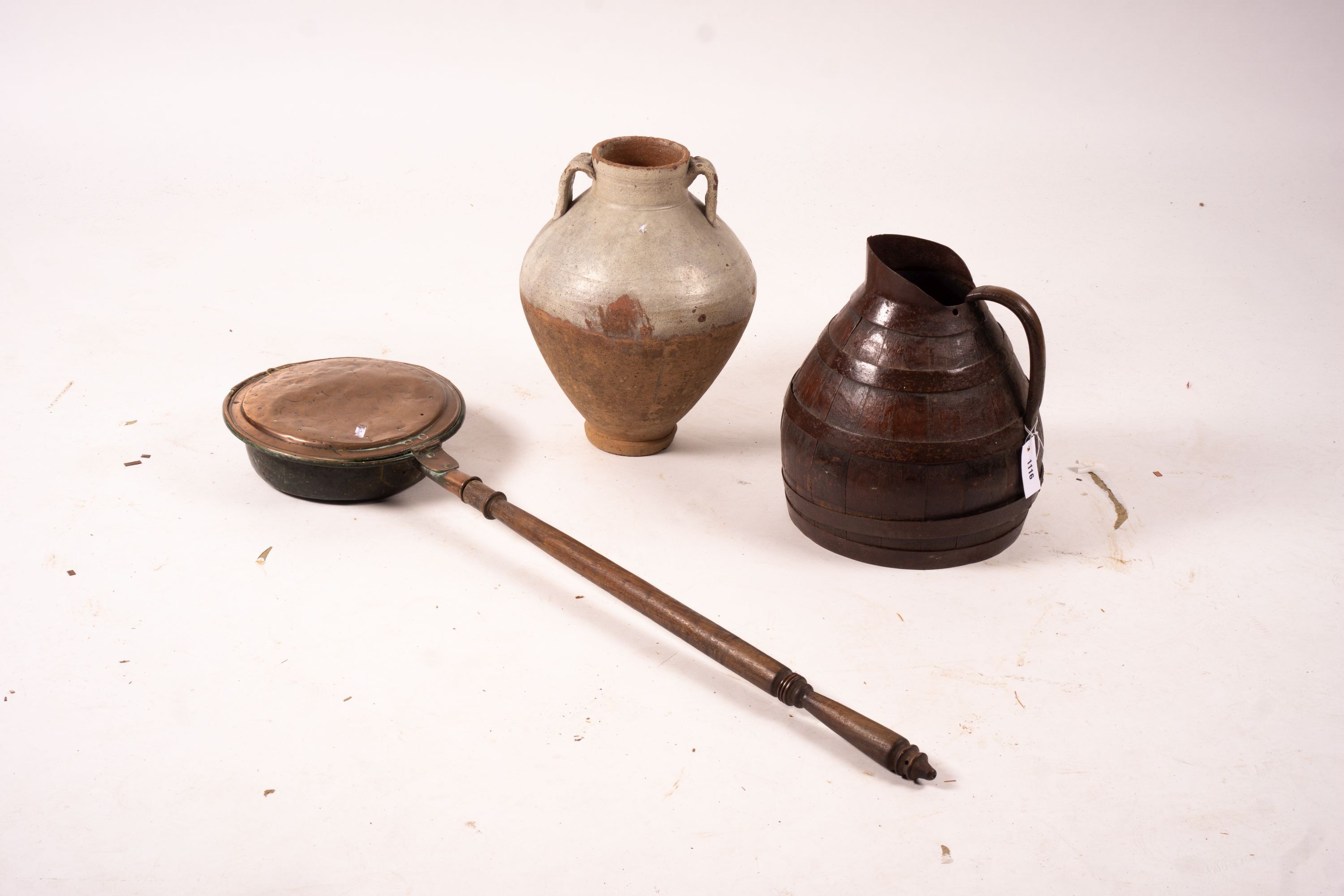 A Victorian iron bound staved oak jug, height 36cm, an amphora style pottery vase and a copper warming pan